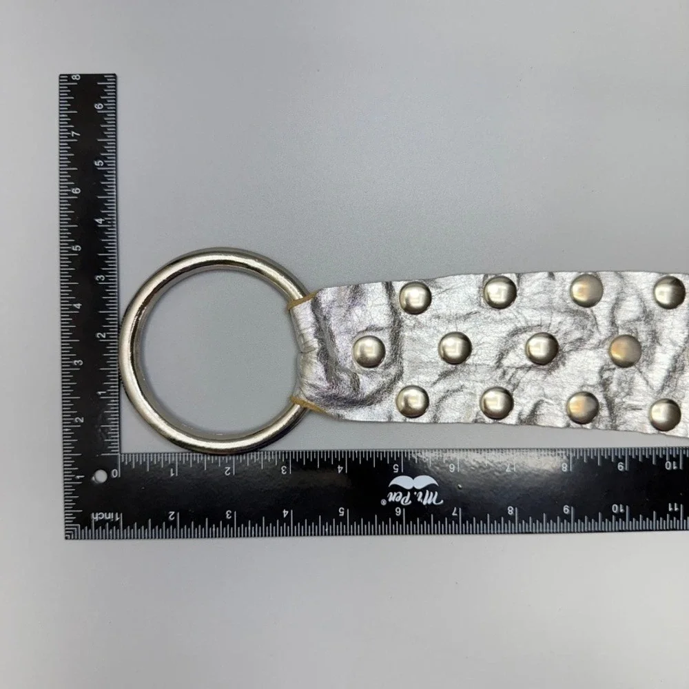 VTG Wide Silver Tone Leather Studded Snap Belt 39